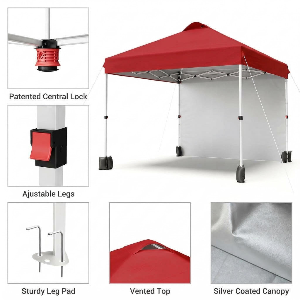 Garvee 10 × 10 FT Pop Up Canopy Tent, 150D Oxford Fabric, UPF 50+ Vented Roof, 1 Sidewall, 3 Adjustable Heights and Roller Bag for Outdoor Events, Red