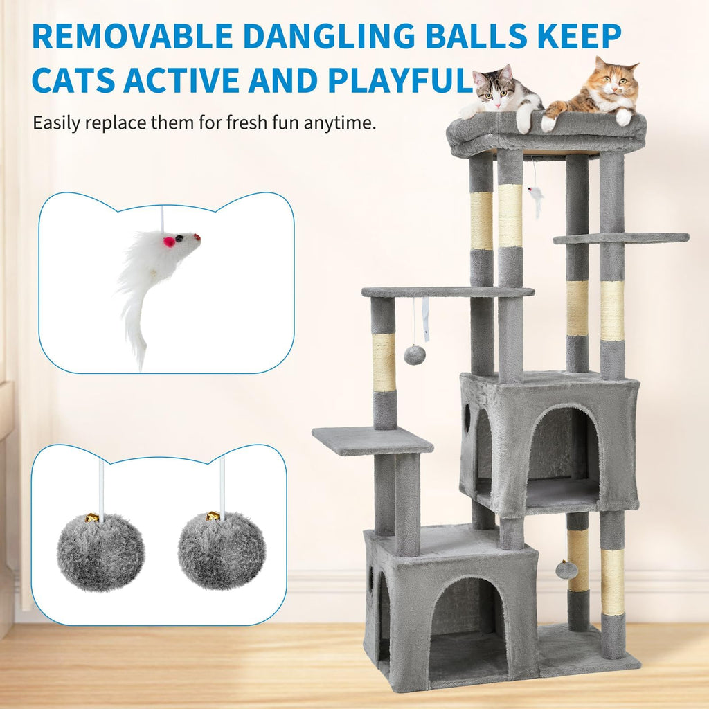 Garvee 61" Multi-Level Cat Tree for Indoor Cats, Heavy-Duty Tower for Large Adult & Maine Coon Cats with Oversized Perch, Dual Condos, Natural Sisal Scratching Posts & Play Toys – Light Gray