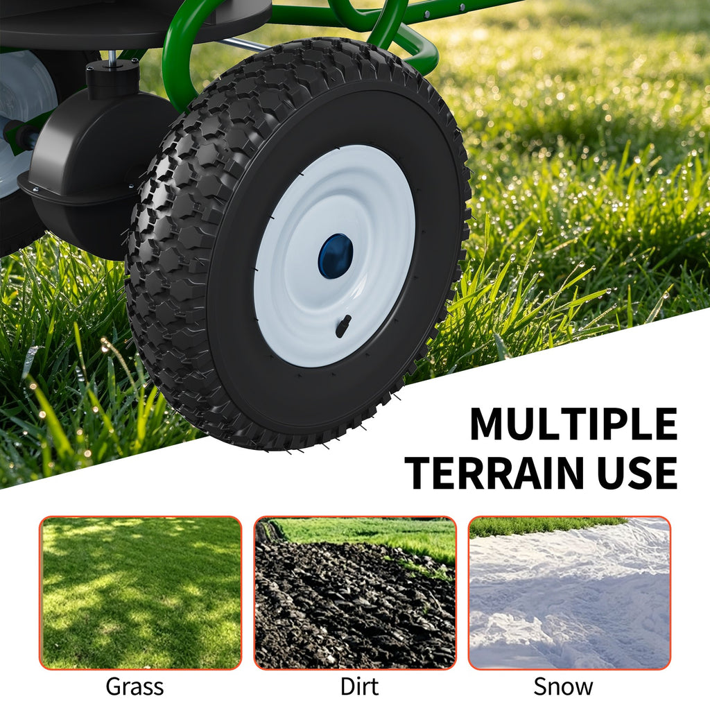 Garvee Tow-Behind Broadcast Spreader, 110 lbs Capacity with 10-Inch Pneumatic Tires, Universal Hitch and Feeder Cover for Seed, Fertilizer and Salt, Green