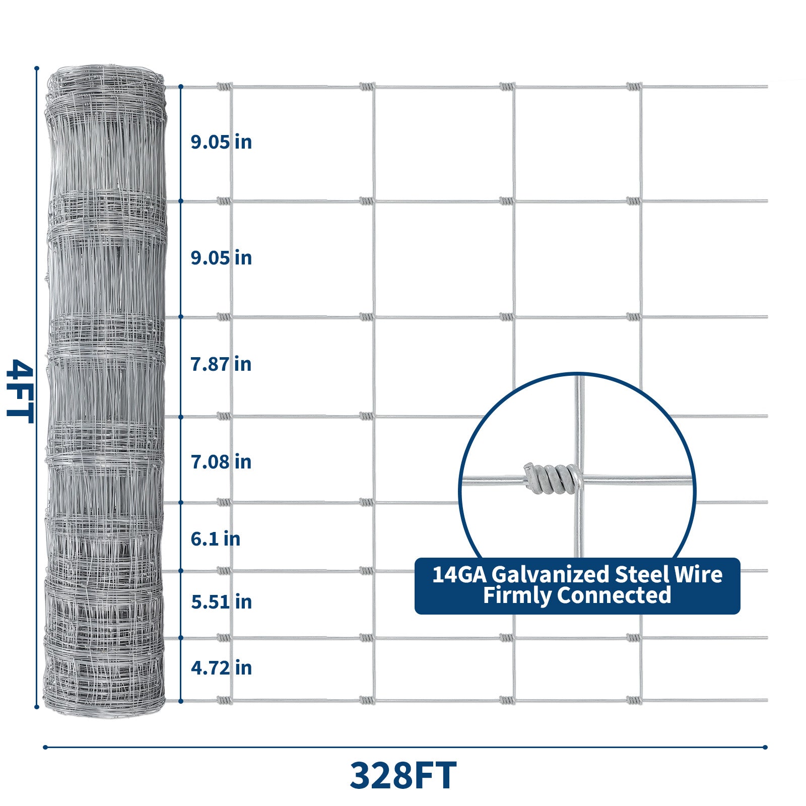 Garvee 4ft x 328f Duty Galvanized Metal Wire Mesh Fence – High Strength, Weather Resistant Livestock Field Fencing – Durable Zinc Coated for Cattle, Deer, Goat, Hog, Sheep and Animal Protection, Silver, 1.6±0.2mm