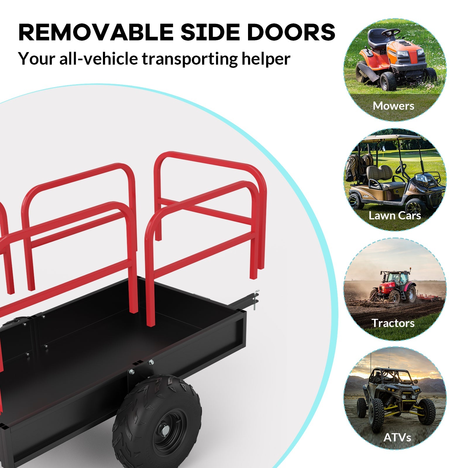 Garvee Tow-Behind Dump Cart, 1700 lb Capacity, 17 cu. ft. Steel Utility Trailer with 16" Pneumatic Tires, 45° Dump, Removable Sides and Tailgate for ATV, UTV and Lawn Tractor, Red