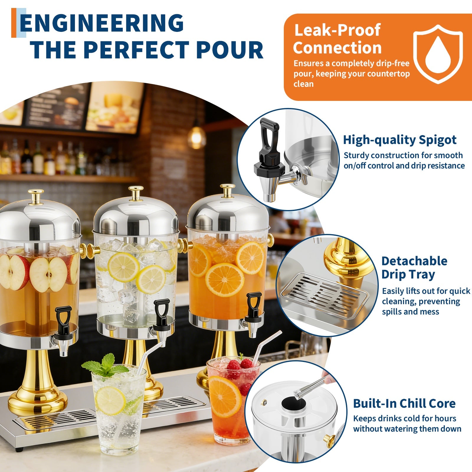 Garvee 6.6 Gallon Commercial Drink Dispenser, Stainless Steel Beverage Dispenser with Ice Core, Stand & Spigot for Cold Juice, Iced Tea and Lemonade at Parties & Weddings, Gold