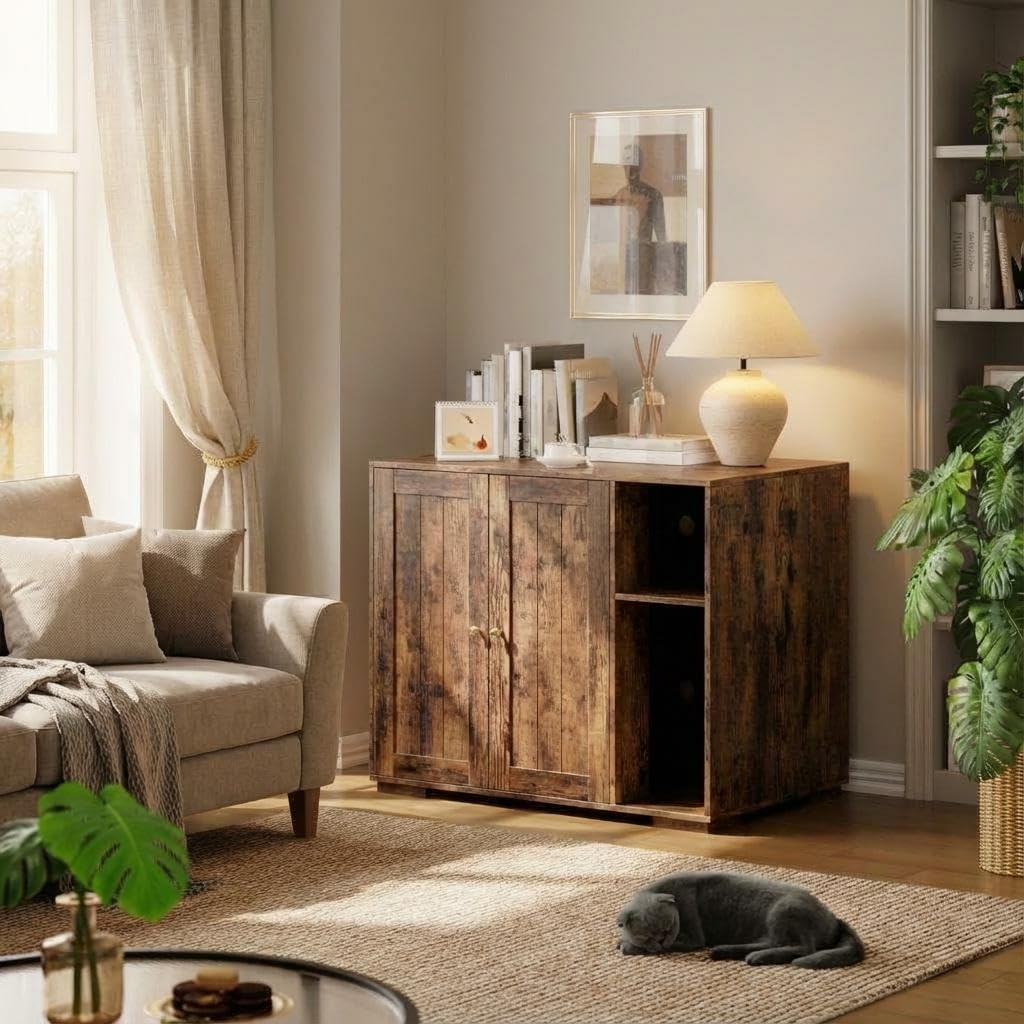 Garvee Extra Large Cat Litter Box Furniture Enclosure with Power Outlet, Dog Proof Privacy, Odor Control, Eco-Friendly Wood, Storage Shelves, Indoor Home