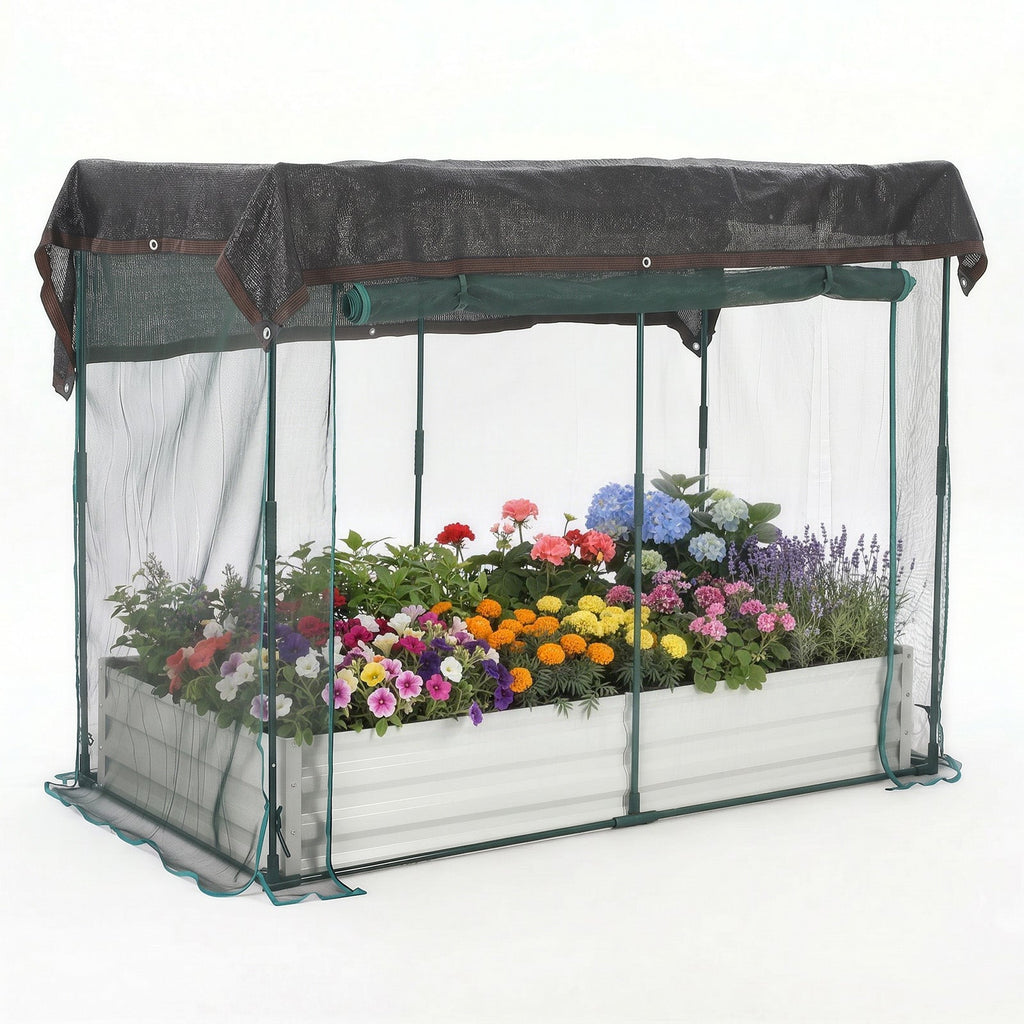 Garvee White Galvanized Raised Garden Bed with Crop Cage, 6×3×1ft Metal Planter Box with Plant Protection Net & Shade Cloth Roof, Zippered Doors Outdoor Garden Bed for Vegetables Herbs Flowers