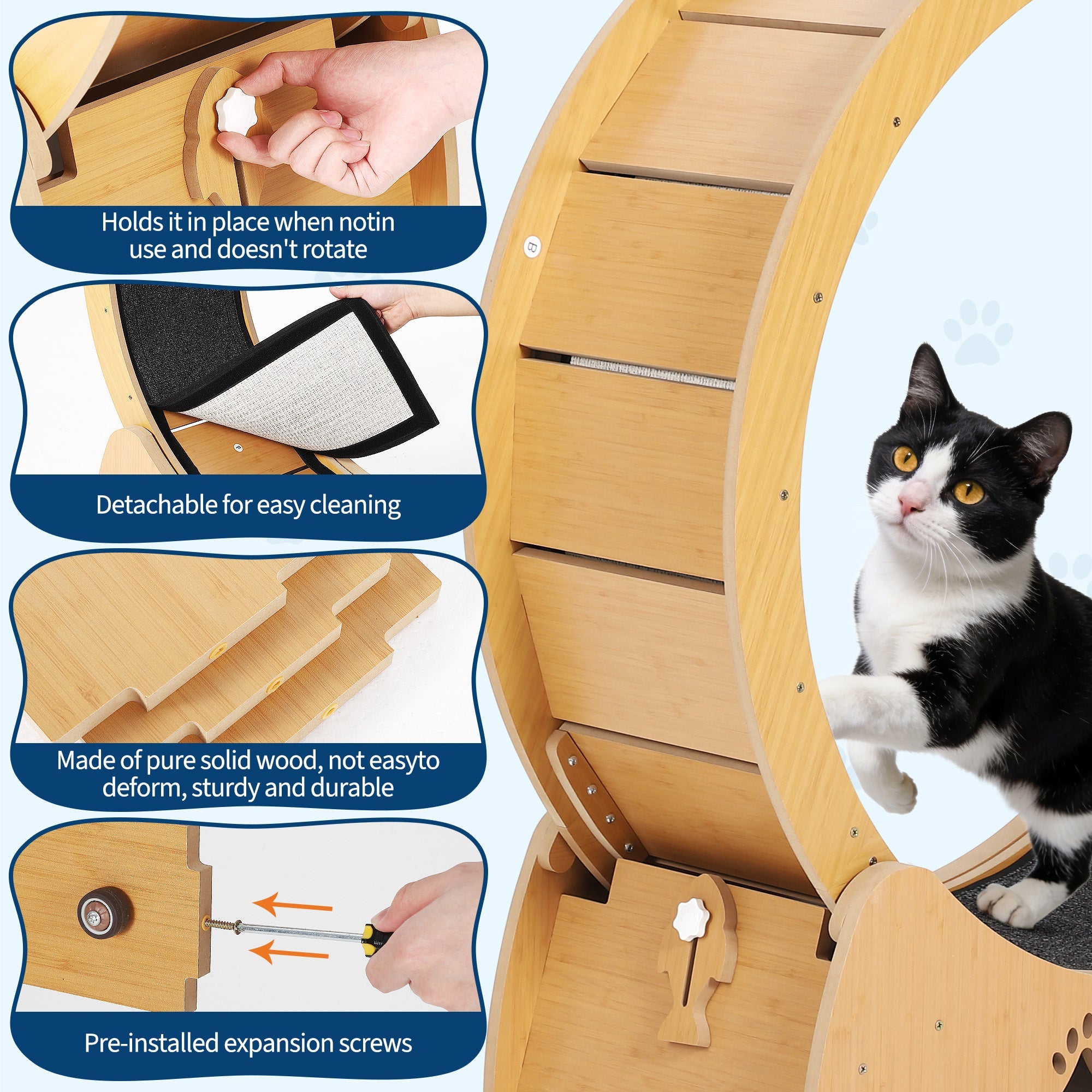 Garvee Large Wooden Cat Exercise Wheel Treadmill, 39" Indoor Running Wheel with Detachable Carpeted Track – Ideal for Cat Fitness, Training, Weight Loss