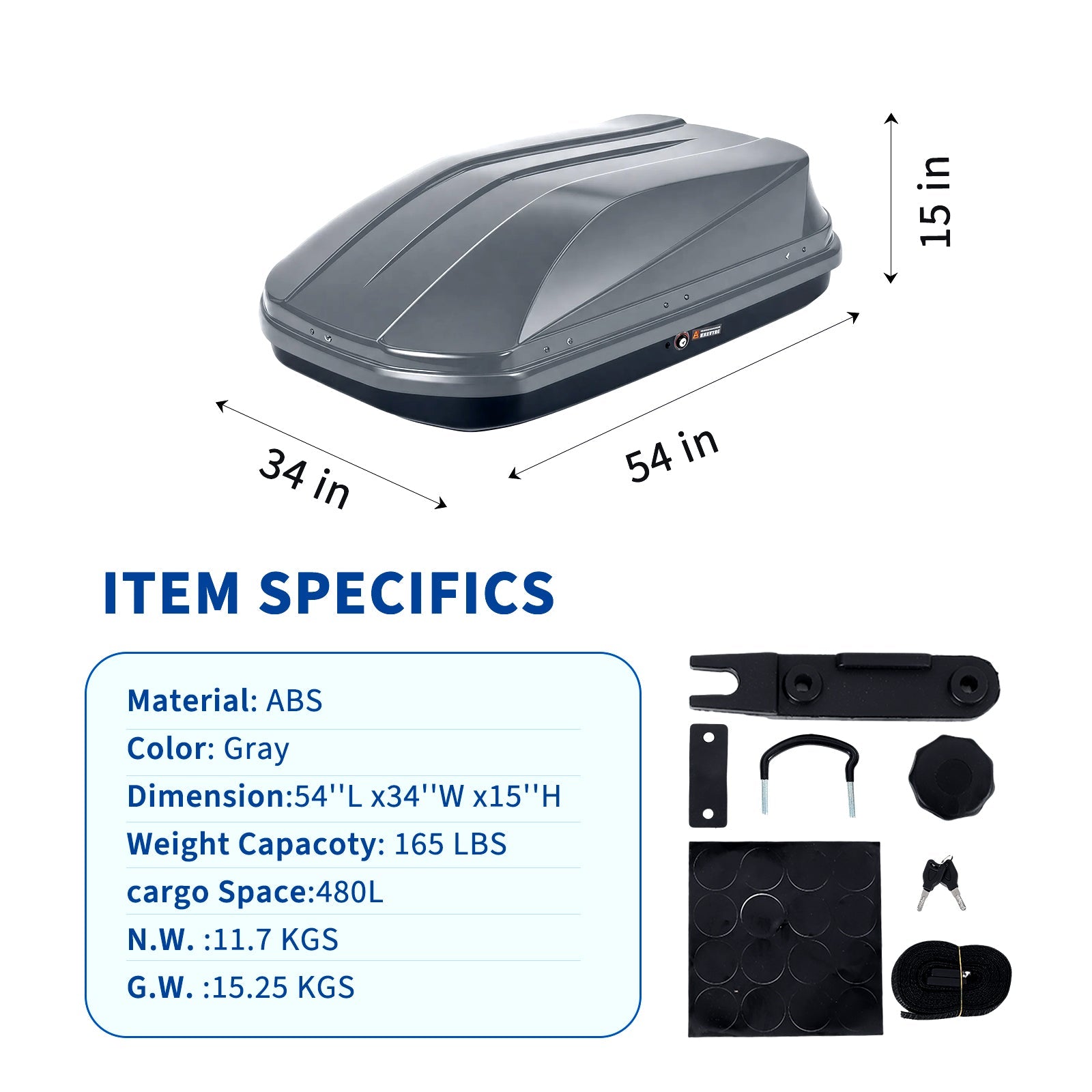 Garvee Durable Hard Shell Rooftop Cargo Box for Cars & SUVs – 17 Cu Ft, Dual-Side Opening, Waterproof ABS, global Fit, 165 lbs Capacity, Secure Straps & Keys – Gray – Color: Gray, Specs: 17 cu ft hard shell rooftop cargo box, double-sided opening, global