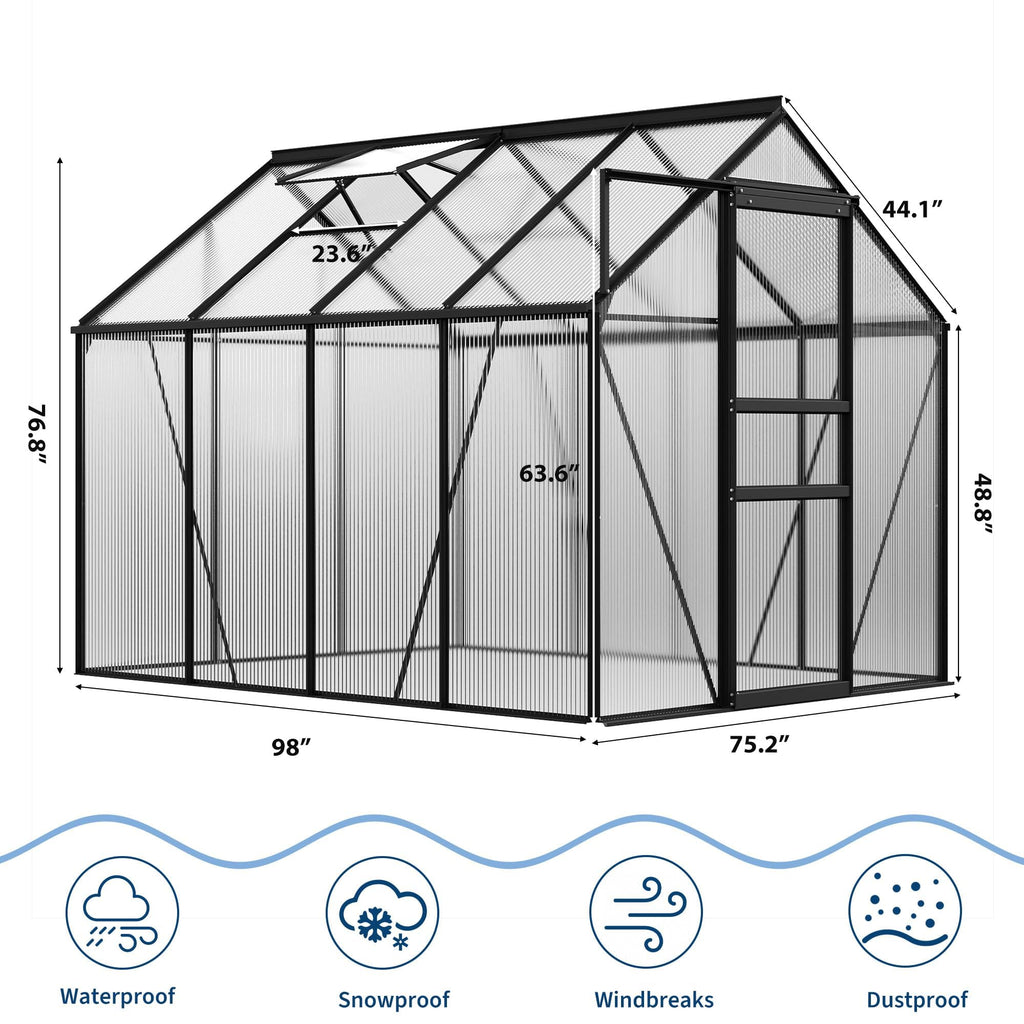 Garvee 6 x 8 FT Polycarbonate Greenhouse with Aluminum Frame, Sliding Door & Adjustable Roof Vent, Heavy-Duty Outdoor Greenhouse for Backyard, Garden, Patio