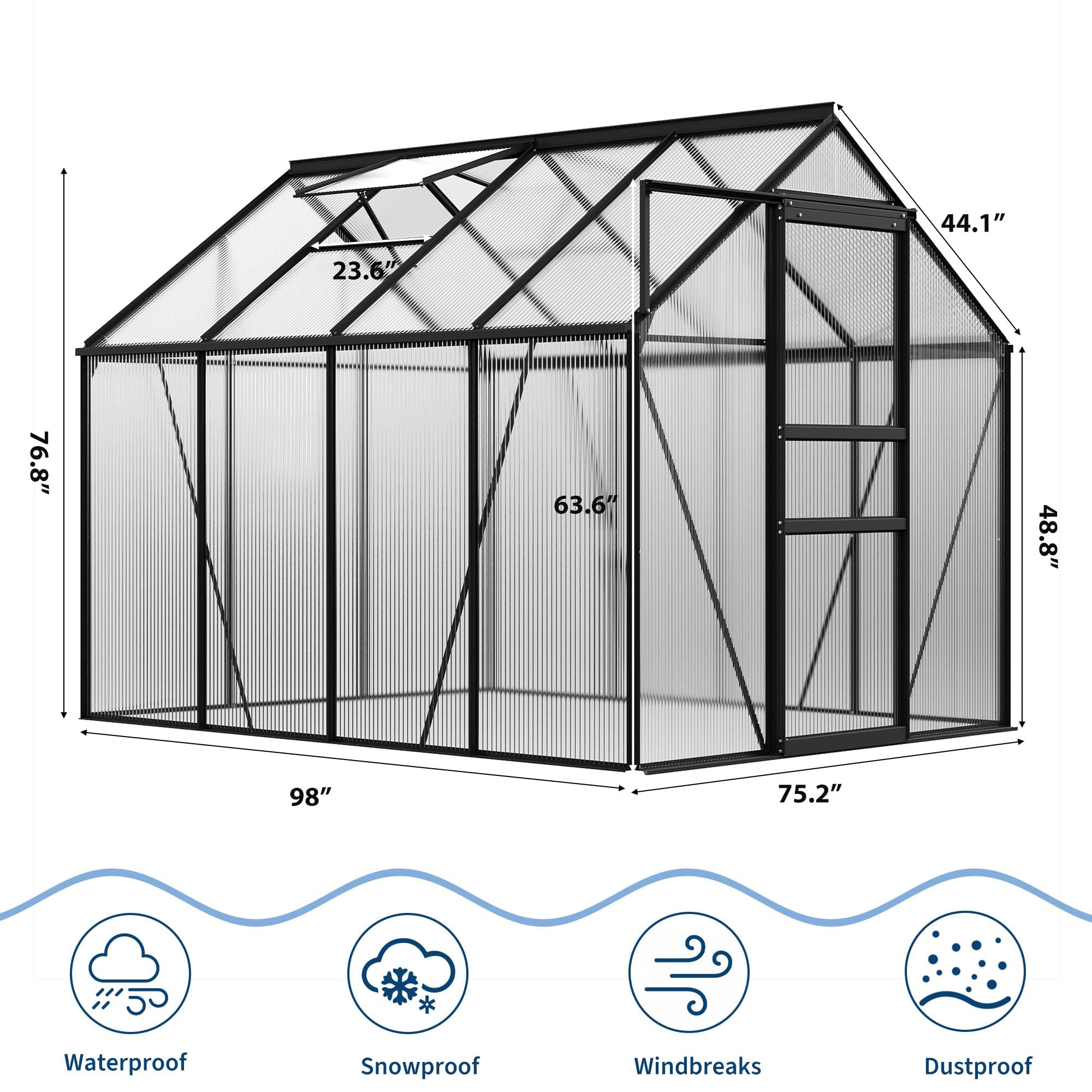 Garvee 6 x 8 FT Polycarbonate Greenhouse with Aluminum Frame, Sliding Door & Adjustable Roof Vent, Heavy-Duty Outdoor Greenhouse for Backyard, Garden, Patio