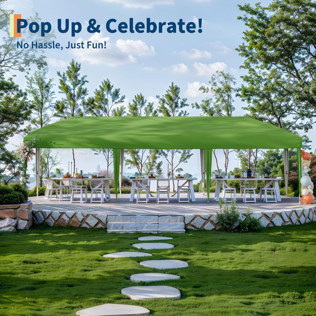 Garvee 10 x 30 FT Pop Up Canopy Tent with 8 Sidewalls, UV 50+ 210D Oxford Top, 8 Sandbags & Wheeled Bag for Weddings and Parties, Green