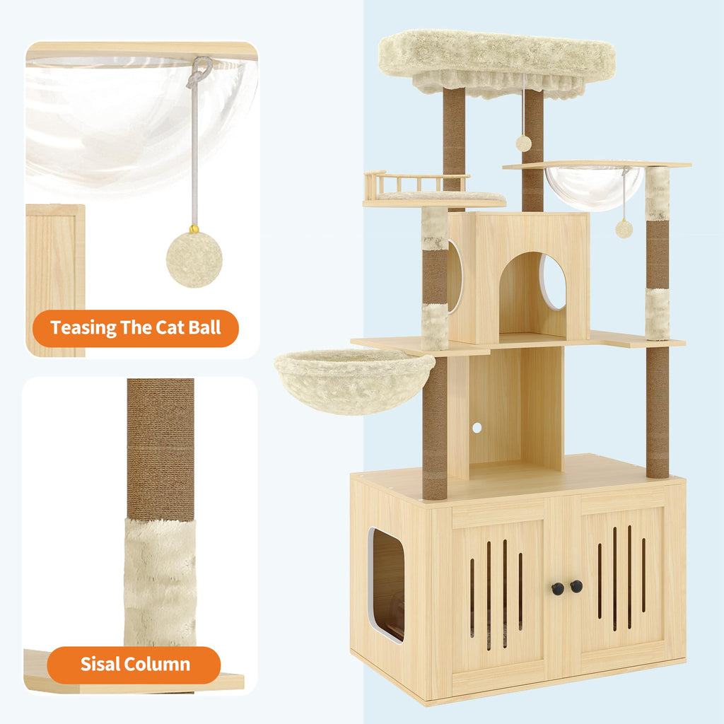 Garvee Multi-Level Cat Tree with Litter Box Enclosure – Hidden Litter Box, Soft Perch, Sisal Scratching Posts, Condo & Hammock for Large Indoor Cats – Modern Cat Tower Furniture – Natural Wood Color