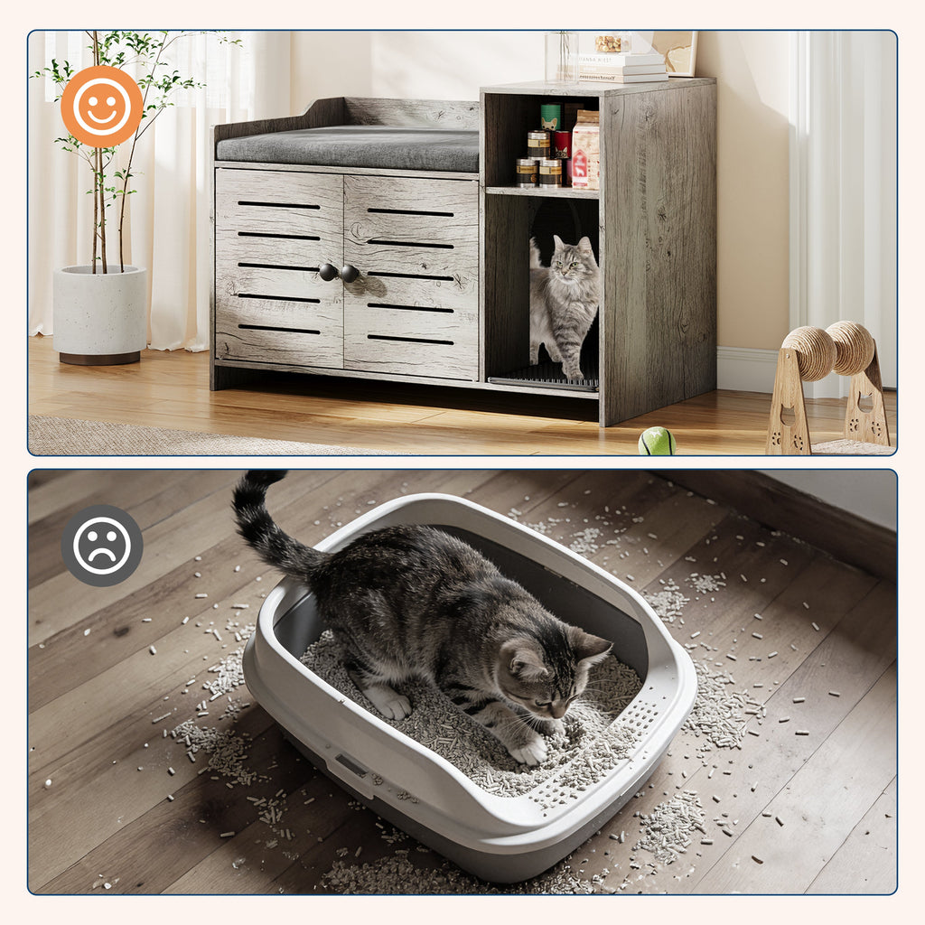 Garvee Cat Litter Box Enclosure, Hidden Litter Box Furniture with Litter Mat & Storage Shelf, Farmhouse Indoor Cat House Cabinet for Hallway, Bedroom, Gray