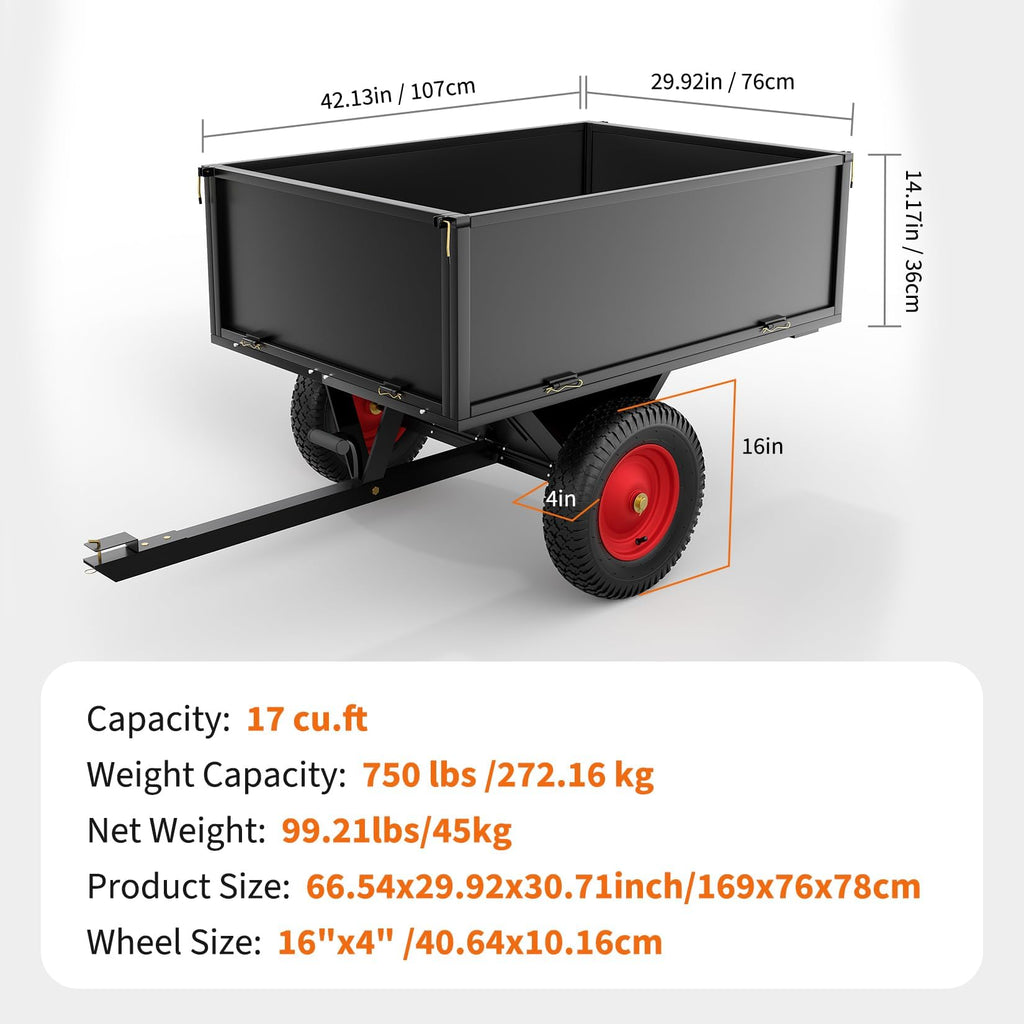Garvee 750 lb ATV Dump Cart, 17 Cu. Ft. Tow-Behind Steel Utility Trailer with Removable Sides, 16 in Tires & Universal Hitch for Lawn Tractor