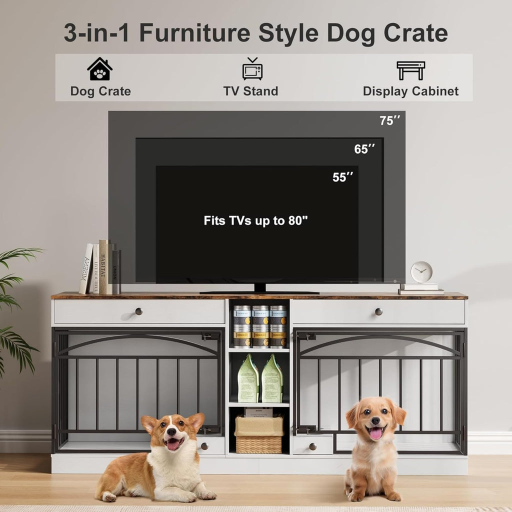 Garvee Dog Crate Furniture for 2 Dogs, 78.7" Large Dog Kennel Indoor with 2 Storage Drawers, 3 Shelves and Feeding Bowls, Double Dog Crate TV Stand for Small and Medium Dogs, White&Brown Top