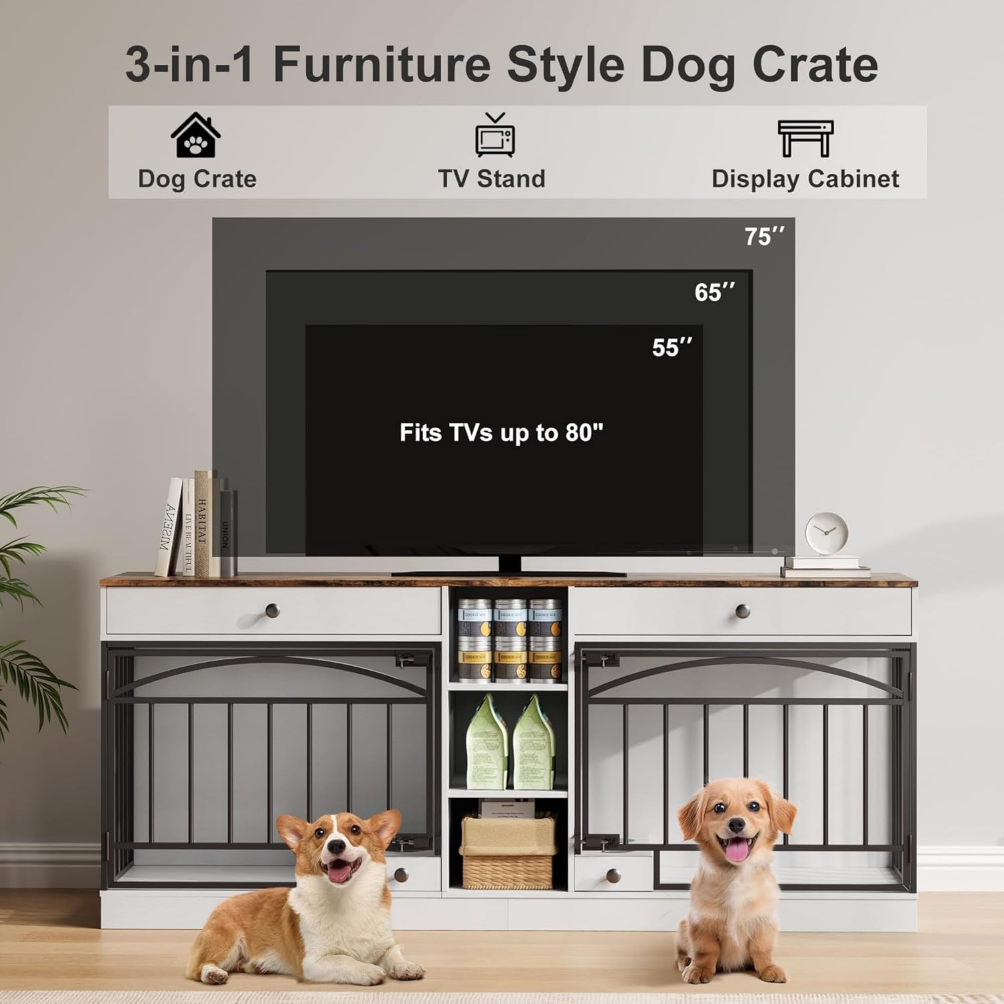 Garvee Dog Crate Furniture for 2 Dogs, 78.7" Large Dog Kennel Indoor with 2 Storage Drawers, 3 Shelves and Feeding Bowls, Double Dog Crate TV Stand for Small and Medium Dogs, White&Brown Top