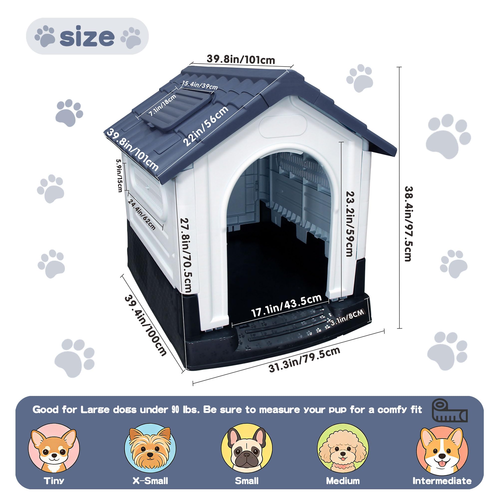 Garvee X-Large Dog House Outdoor with Air Vents and Elevated Floor for Medium Large Dogs, Plastic Waterproof Doghouse Sloping Roof, Easy Clean and Assemble, Gray