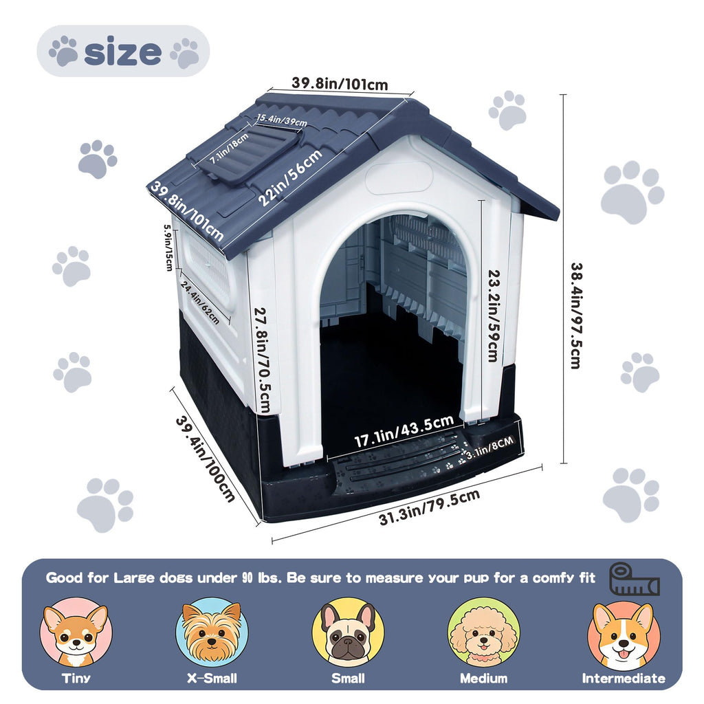Garvee Large Dog House Outdoor with Air Vents and Elevated Floor for Medium Large Dogs, Plastic Waterproof Doghouse Sloping Roof, Easy Clean and Assemble, Gray