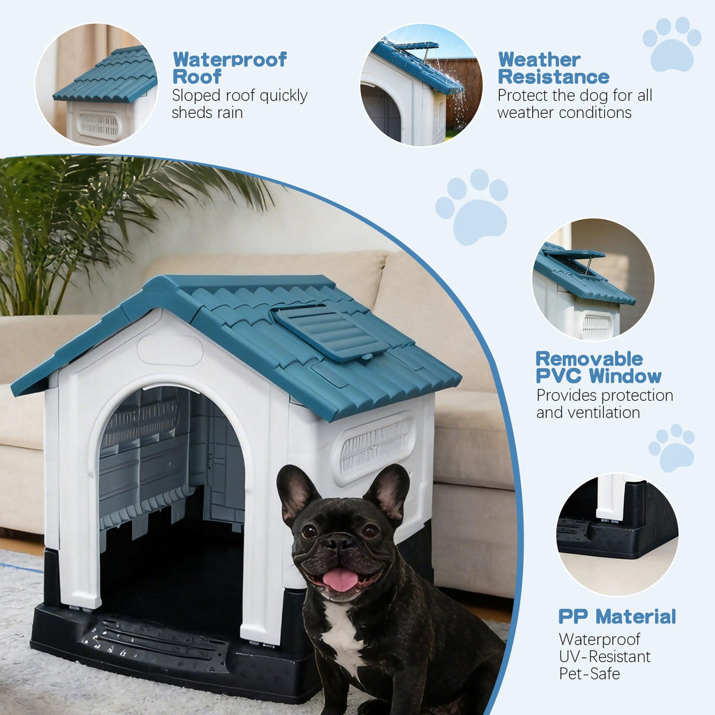 Garvee Large Dog House Outdoor with Air Vents and Elevated Floor for Medium Large Dogs, Plastic Waterproof Doghouse Sloping Roof, Easy Clean and Assemble, Blue