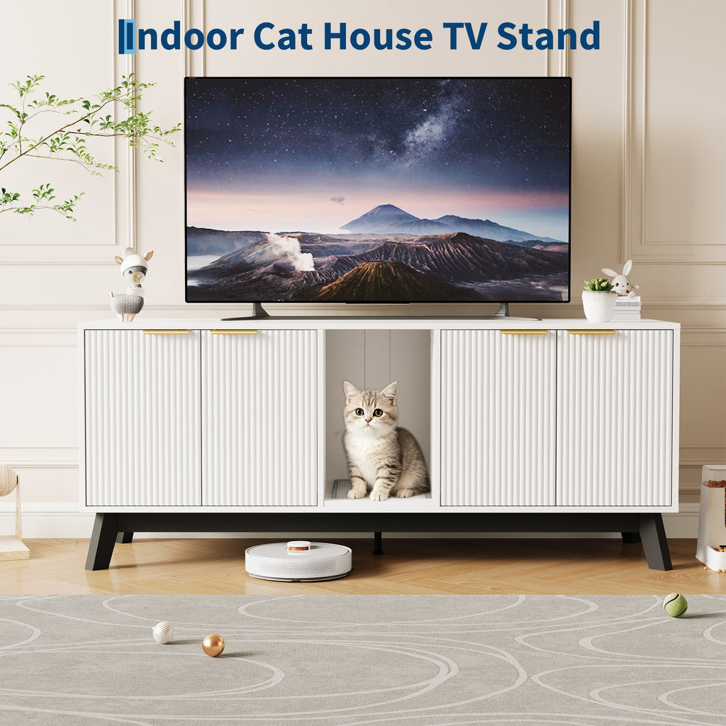 Garvee Double Cat Litter Box Enclosure Furniture, Hidden Litter Box Furniture with Litter Collector & Scratch Pad, Wooden Litter Box Cabinet, Cats House, White