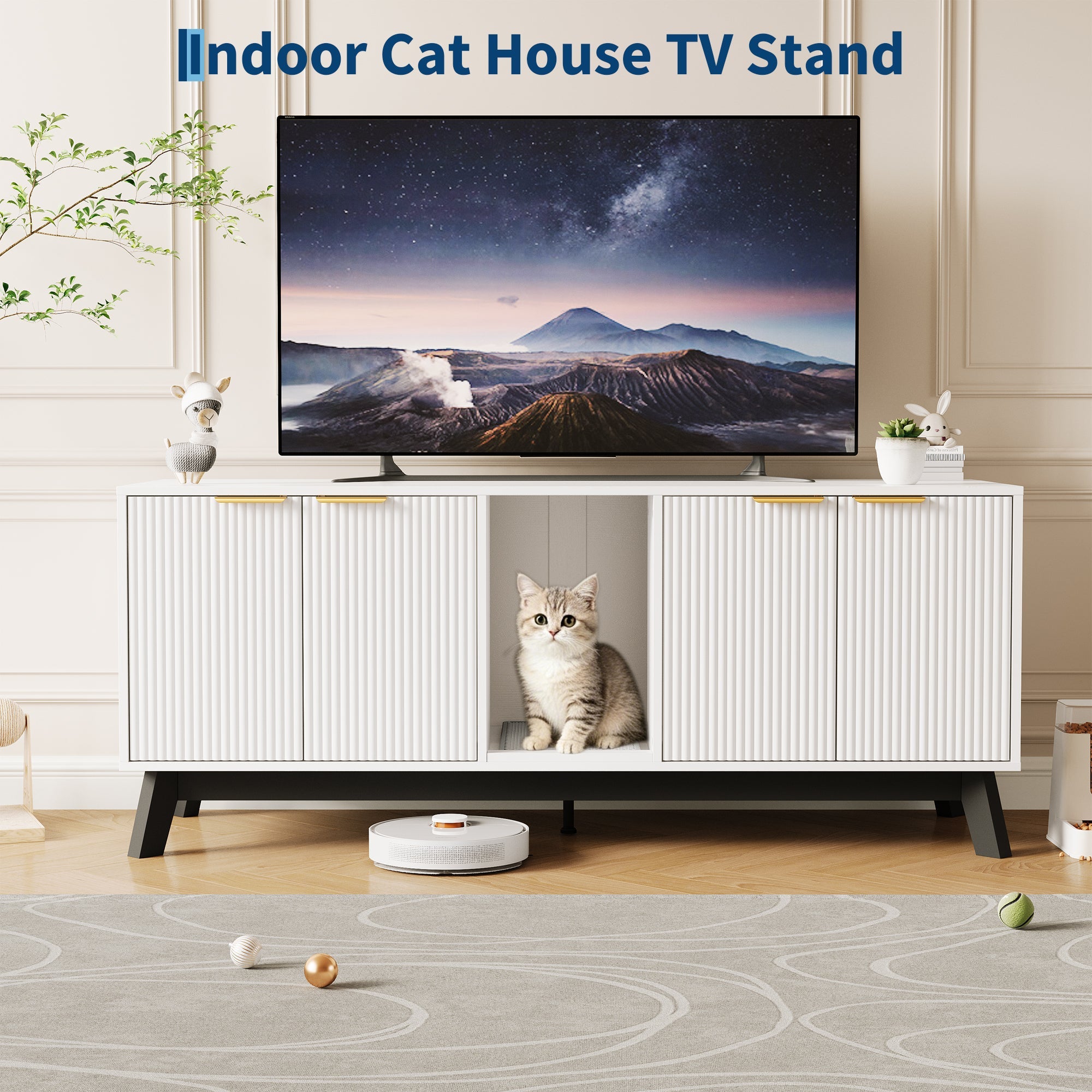 Garvee Double Cat Litter Box Enclosure Furniture, Hidden Litter Box Furniture with Litter Collector & Scratch Pad, Wooden Litter Box Cabinet, Cats House, White