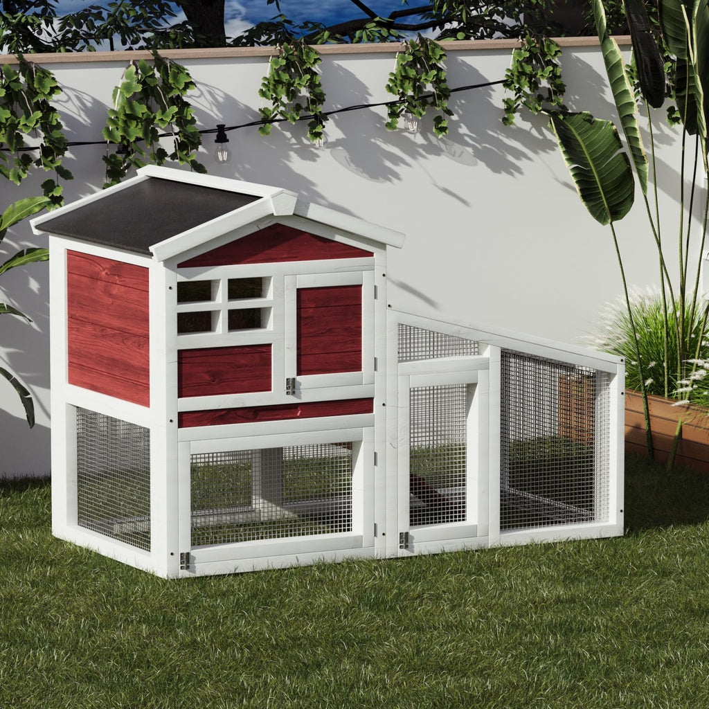 Garvee 2-Tier 53" Wooden Small Animal Cage, Weatherproof Rabbit Hutch with Non-Slip Ramp, Leak-Proof Removable Tray, Anti-Chew Metal Frame, Asphalt Roof, Ideal for Rabbits, Guinea Pigs, Rufous White