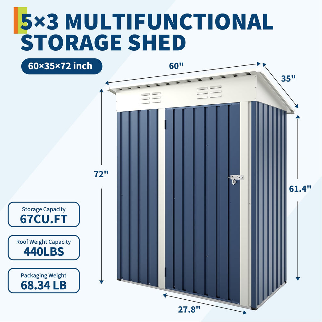 Garvee 5×3FT Heavy Duty Metal Outdoor Storage Shed, Weather-Resistant Garden Tool Shed with Lockable Single Door, Sloped Roof & Vents, Rustproof Patio Storage House for Backyard, Lawn, Navy Blue