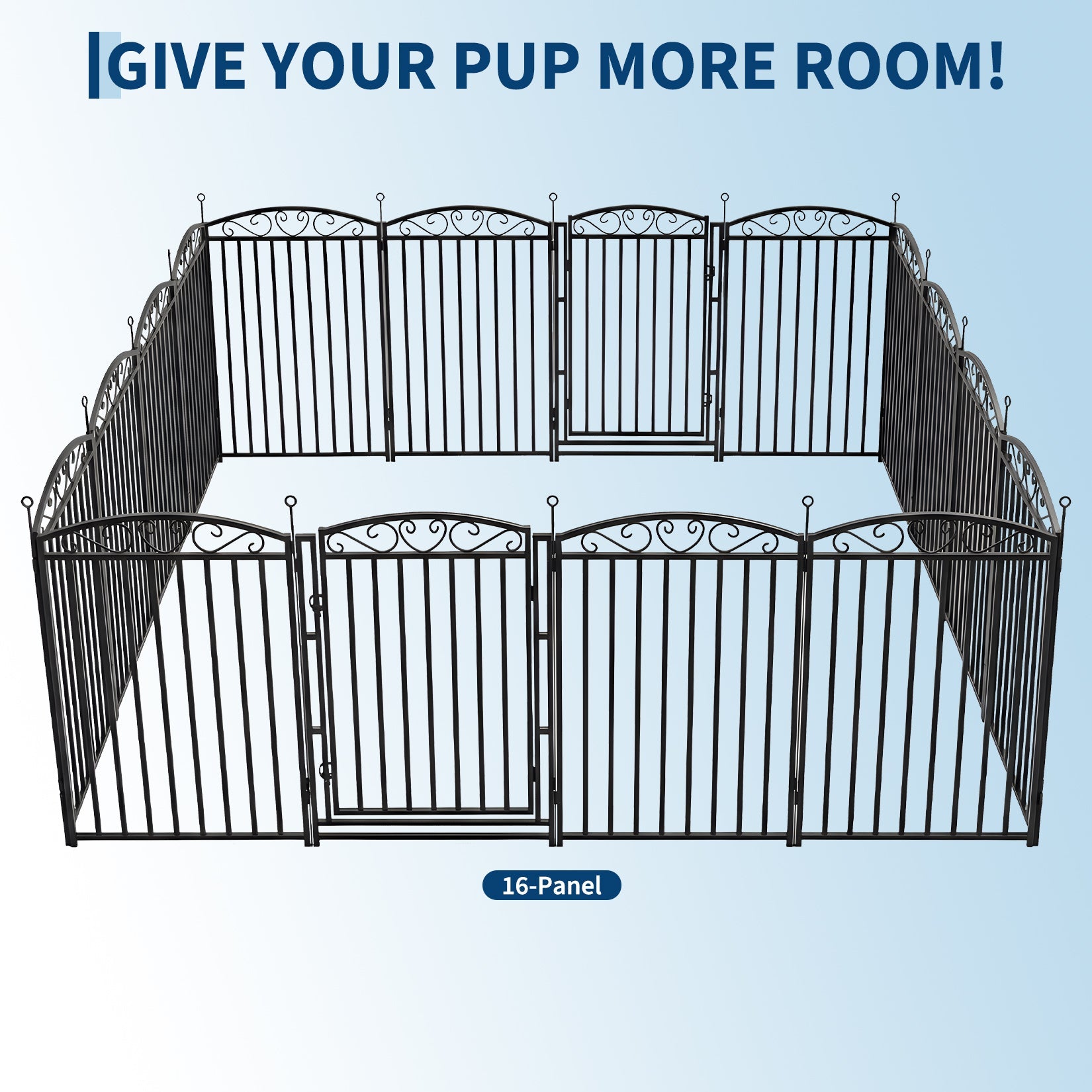 Garvee Outdoor Decorative Metal Dog Playpen - 32" Height, 16 Panels, 1 Door, Safe Pet Fence for Medium and Large Dogs, Sturdy Black with Silver Design, Includes 16 Pieces, Black Base with Silver Floral at the End