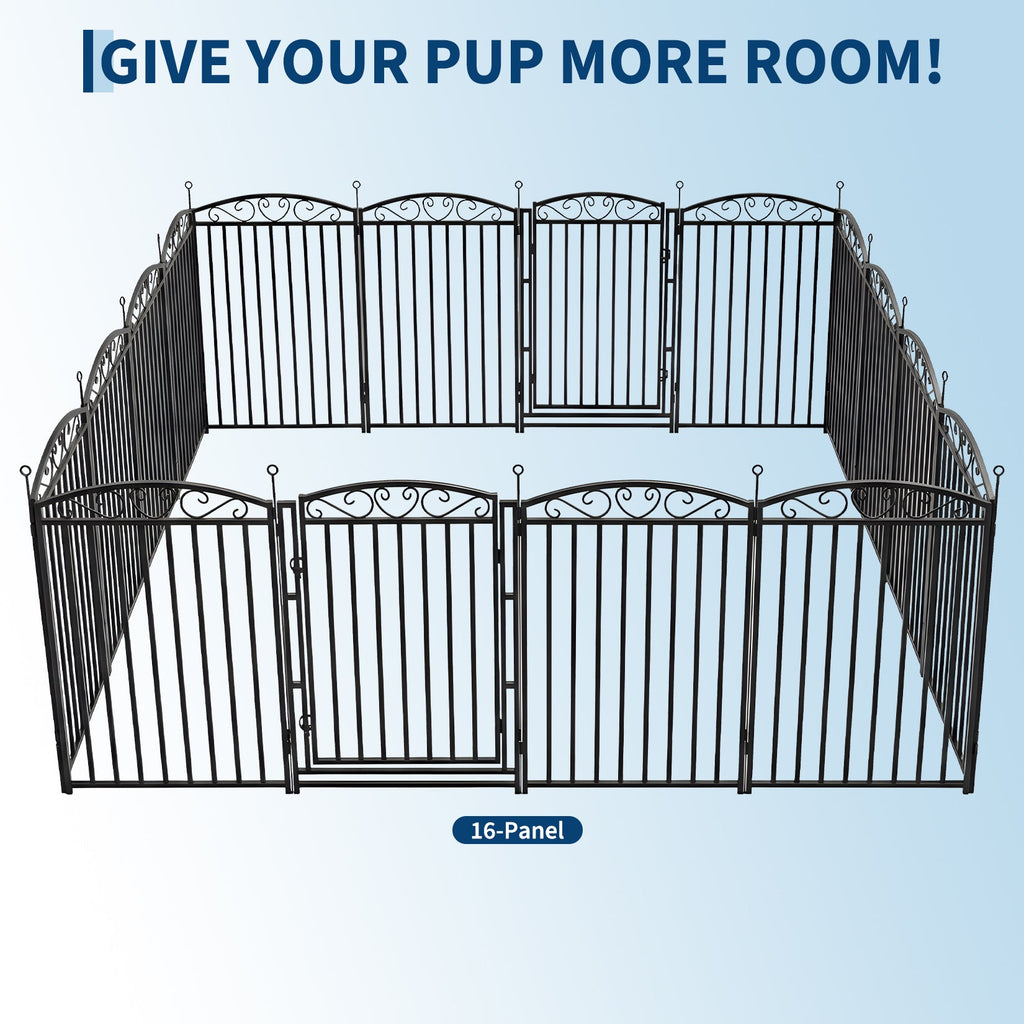 Garvee Durable Decorative Dog Playpen Fence – 40" Metal, 16 Panels, Indoor/Outdoor Pet Exercise Pen, Black Base with Silver Design, Color: Black with Silver Design, 16 Panels