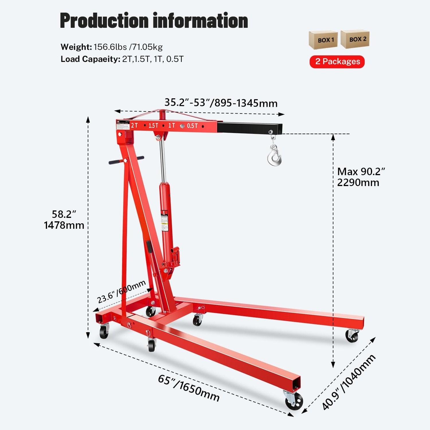 Garvee 2 Ton Engine Hoist Cherry Picker - 4400 Lbs Capacity, Foldable Design, Steel Frame, 6 Casters, Hydraulic Pump - Portable for Truck & Boat Engines, Red