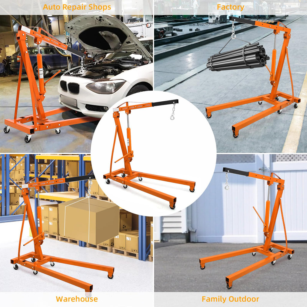 Garvee 2 Ton Engine Hoist, Hydraulic Cherry Picker Crane, Heavy-Duty Folding Shop Crane with 6 Casters, Engine Lift for Garage and Workshop, Orange