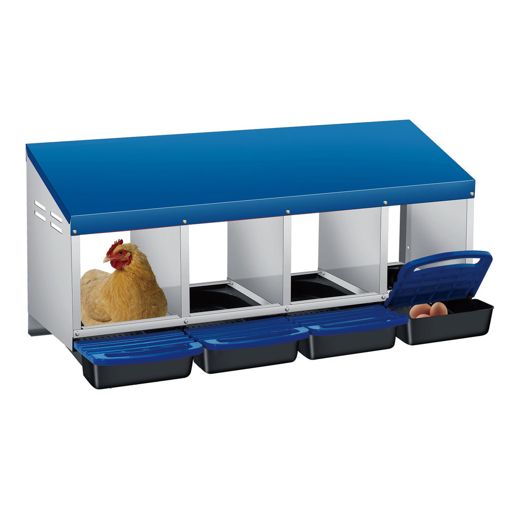 Garvee 4-Compartment Galvanized Steel Chicken Nesting Box – Roll-Away Tray & Support Stand, Blue