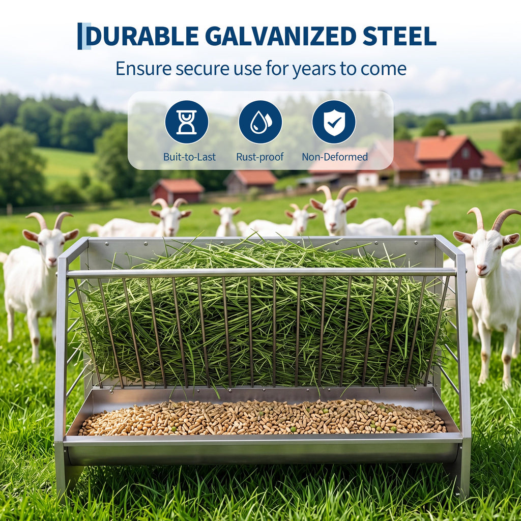 Garvee 5 ft Pasture Hay Feeder - Heavy Duty Galvanized Steel 2-in-1 Freestanding Livestock Hay & Grain Feeder, 60 Gallon Large Capacity for Goats, Sheep, Ponies & Alpacas (Silver)