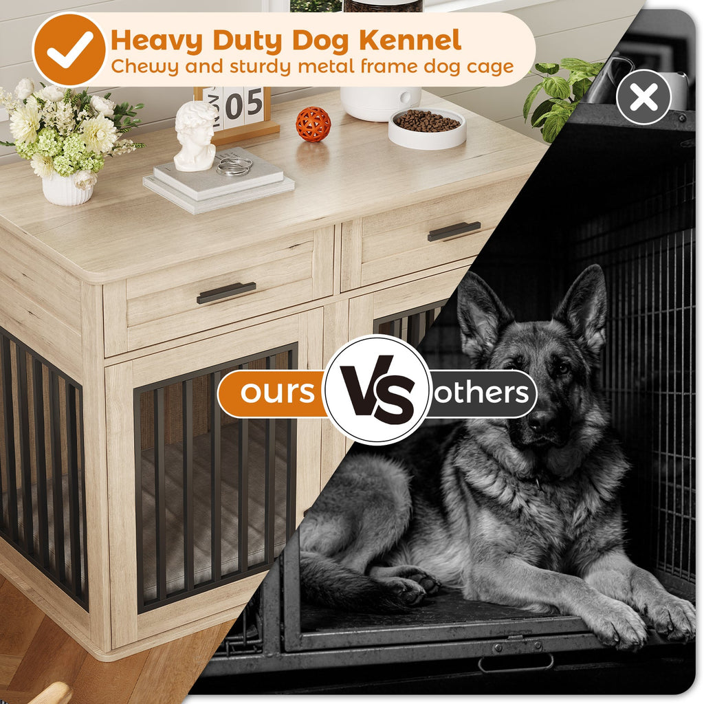 Garvee 44.5 Inch Large Dog Crate Furniture with 2 Storage Drawers,Wooden Dog Kennel Furniture As End Table, Decorative Pet Cage Dog House Indoor for Medium/Large Dogs, Chew-Proof, Gray