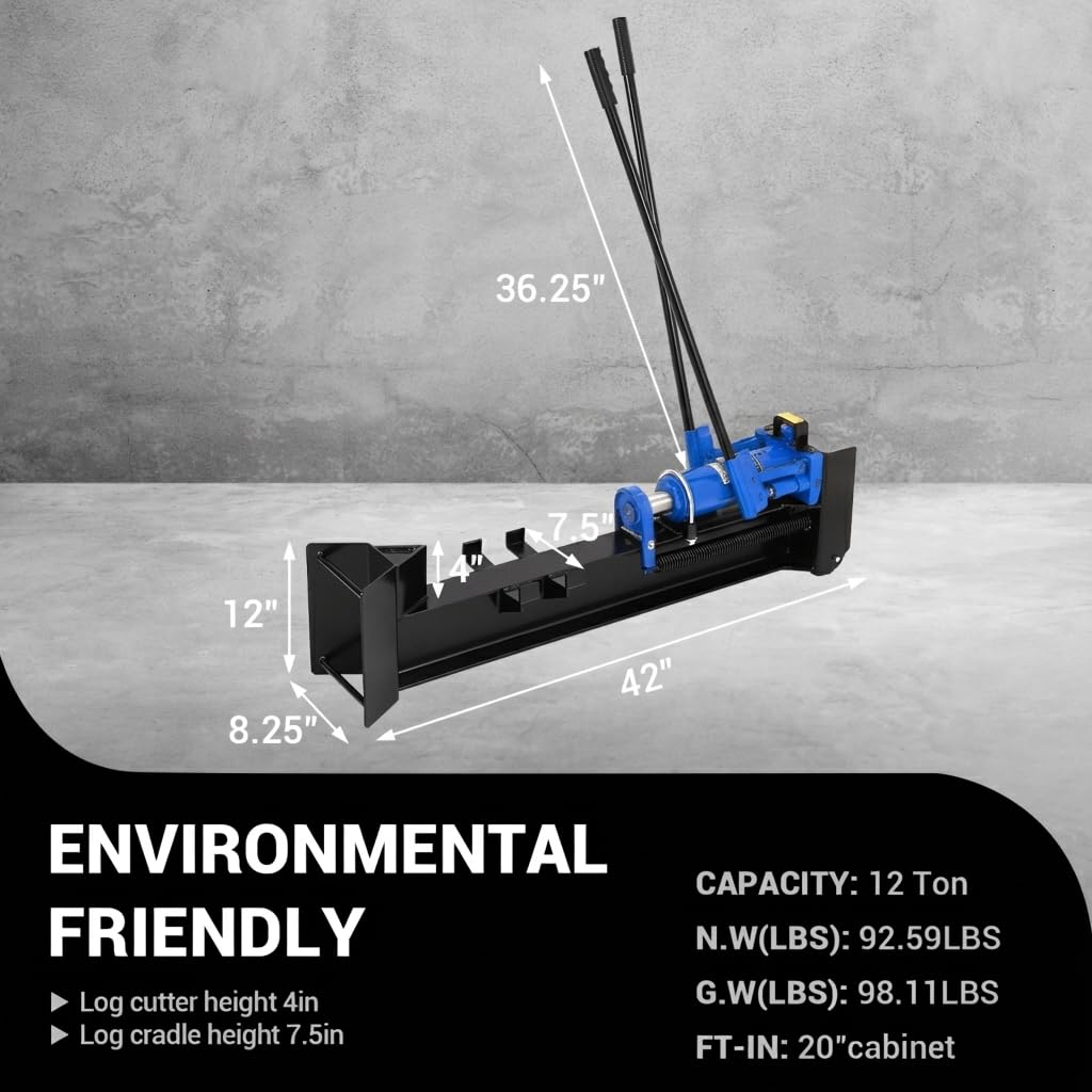 Garvee 12 Ton Hydraulic Log Splitter Wood Cutter, Manual Log Splitter with Horizontal Full Steel Beam & Built-In Wheel