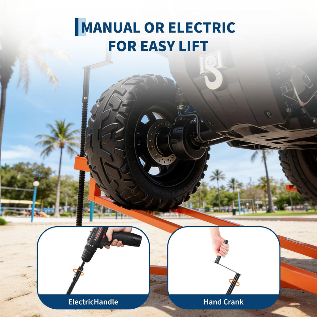 uty Lawn Mower Lift Jack – Collapsible & Telescopic, Quick Setup for Zero Turn & Riding Mowers – Crank & Power Tool Handle – Anti-Slip Base – Orange