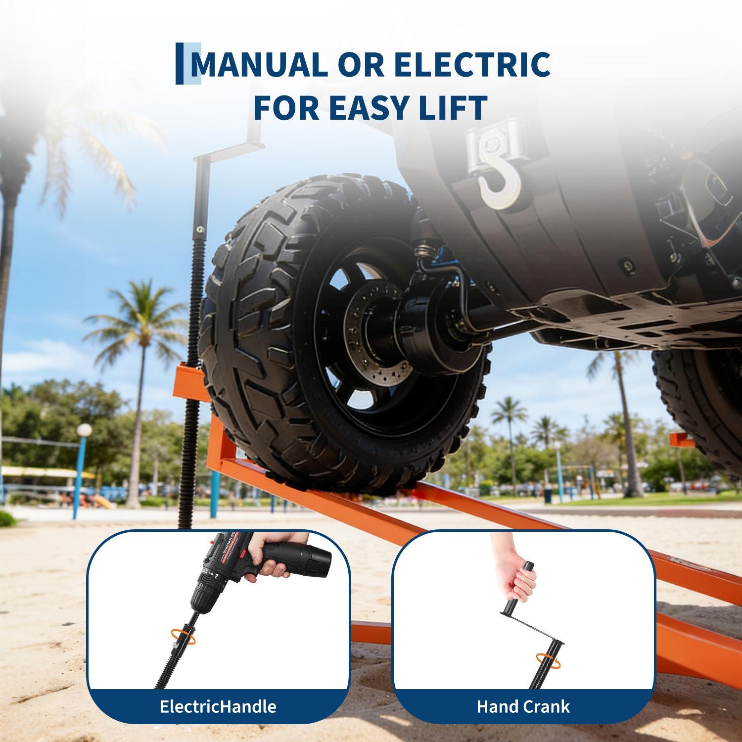 uty Lawn Mower Lift Jack – Collapsible & Telescopic, Quick Setup for Zero Turn & Riding Mowers – Crank & Power Tool Handle – Anti-Slip Base – Orange