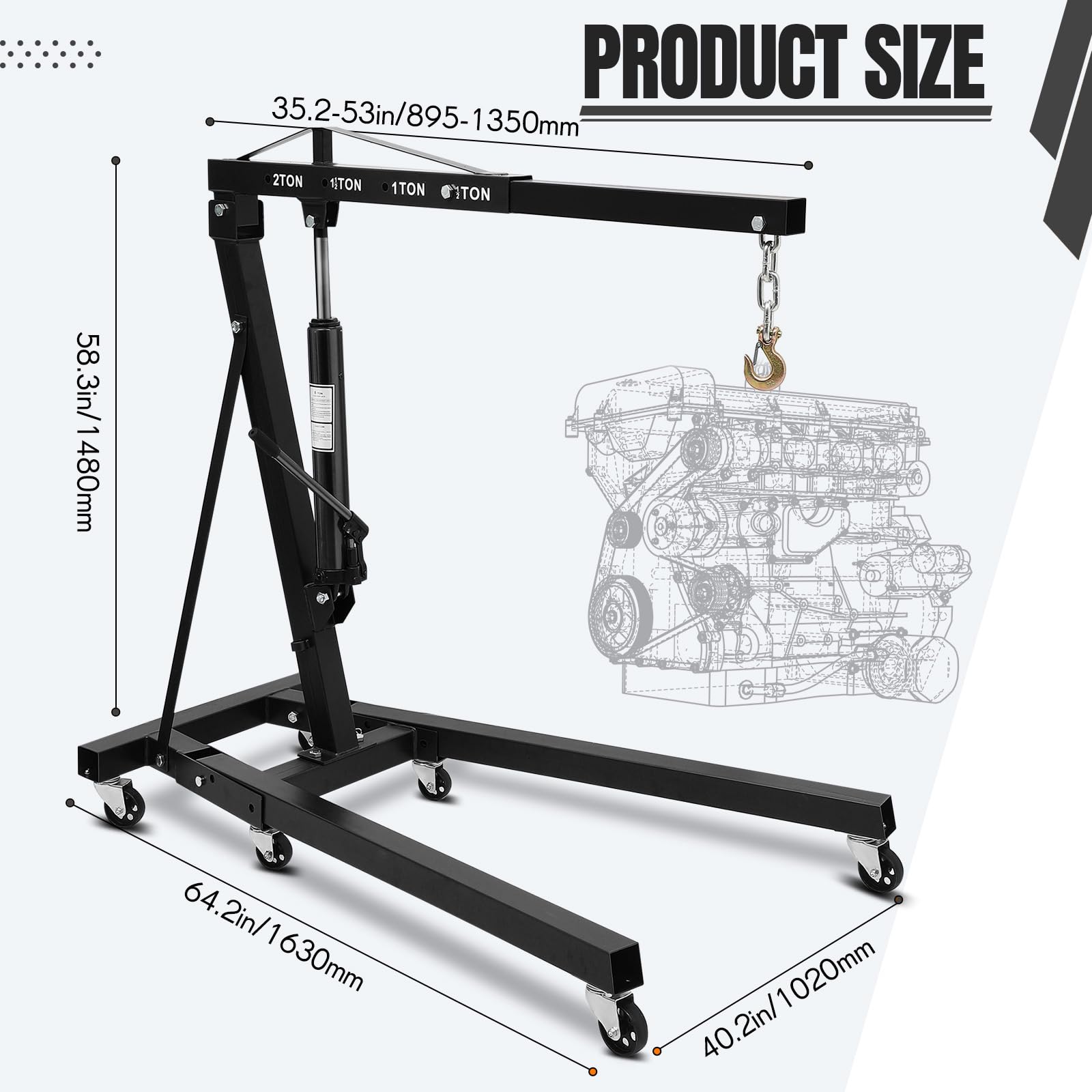 Garvee 2 Ton Folding Hydraulic Engine Hoist Cherry Picker – 4400 lbs Heavy Duty Shop Crane with Telescopic Boom, 6 Casters – Engine Lift for Garage Workshop Auto Repair – Color: Black | Packaged