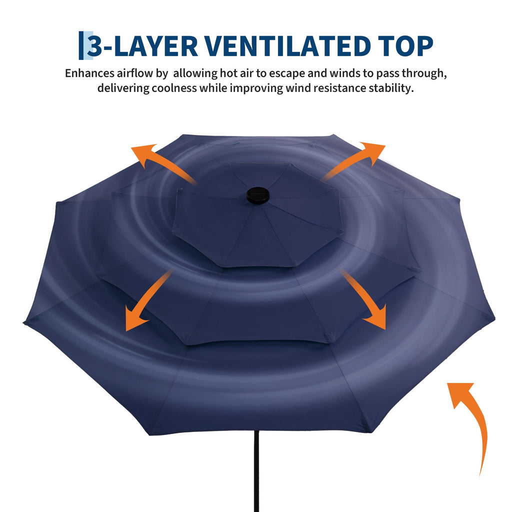 Garvee 9FT 3-Tier Solar LED Patio Umbrella, UV-Resistant Outdoor Market Umbrella with Crank & Tilt, 24 LED Lights & 8 Ribs, Navy Blue
