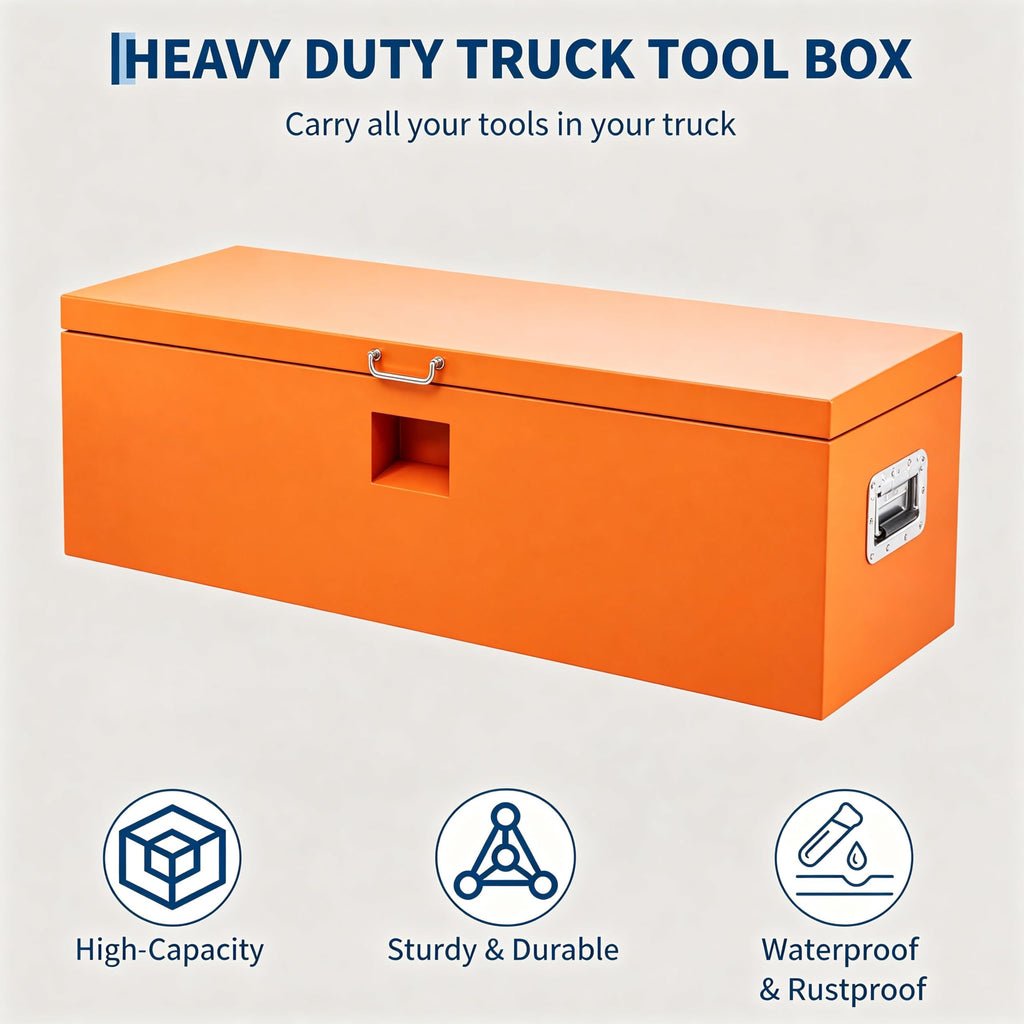 Garvee 30"X16"X14" Heavy Duty Lockable Steel Truck Bed Toolbox – Dual Lids, Weatherproof Powder-Coated, Front & Side Handles, Dual Gas Struts for Pickup, RV, Trailer, Orange