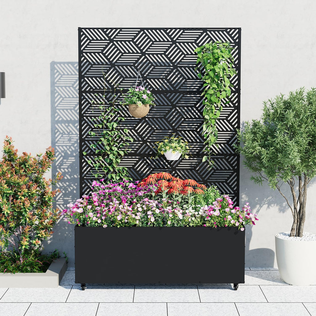 Garvee Metal Planter Box with Trellis and Wheels, 71"x47"x16" Raised Garden Bed for Climbing Plants, Vegetables, Vines, Privacy Planters for Patio with Drainage Holes, 15.7" Deep Planting Bed