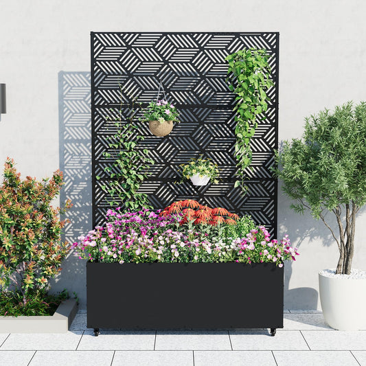 Garvee Metal Planter Box with Trellis and Wheels, 71"x47"x16" Raised Garden Bed for Climbing Plants, Vegetables, Vines, Privacy Planters for Patio with Drainage Holes, 15.7" Deep Planting Bed