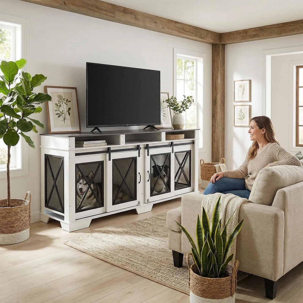 Garvee Dual-Panel Dog Crate Furniture, 71" Heavy Duty Dog Kennel Furniture with 3 Storages and Removable Divider, Double Dog Crate Table Indoor TV Stand for Large Medium Dogs, Black&White