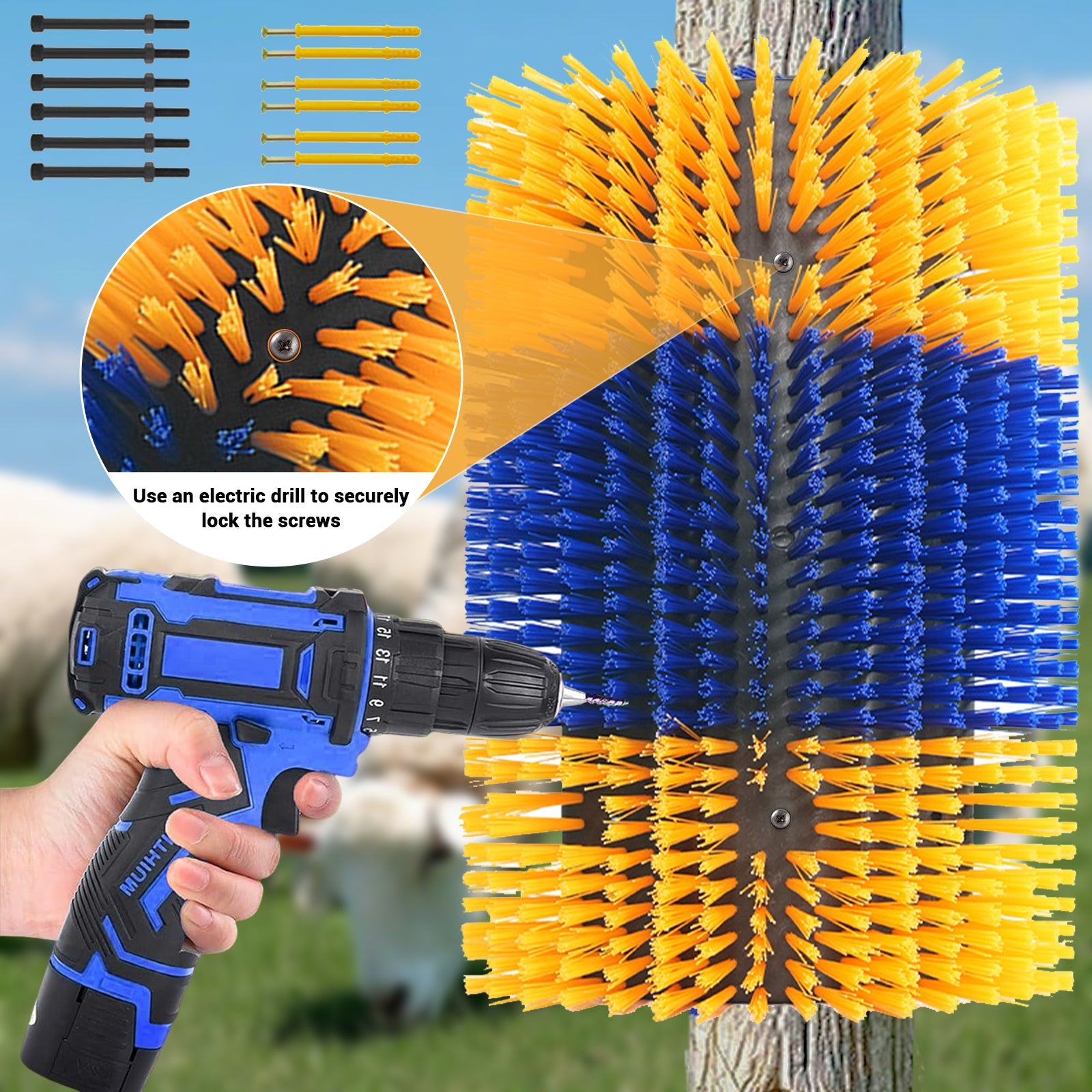 Garvee Heavy-Duty Livestock Scratching Brushes (2-Pack) - Flexible Wall-Mount Barn & Stable Grooming Brush for Horses, Cattle, Goats, and Pigs, Blue & Yellow