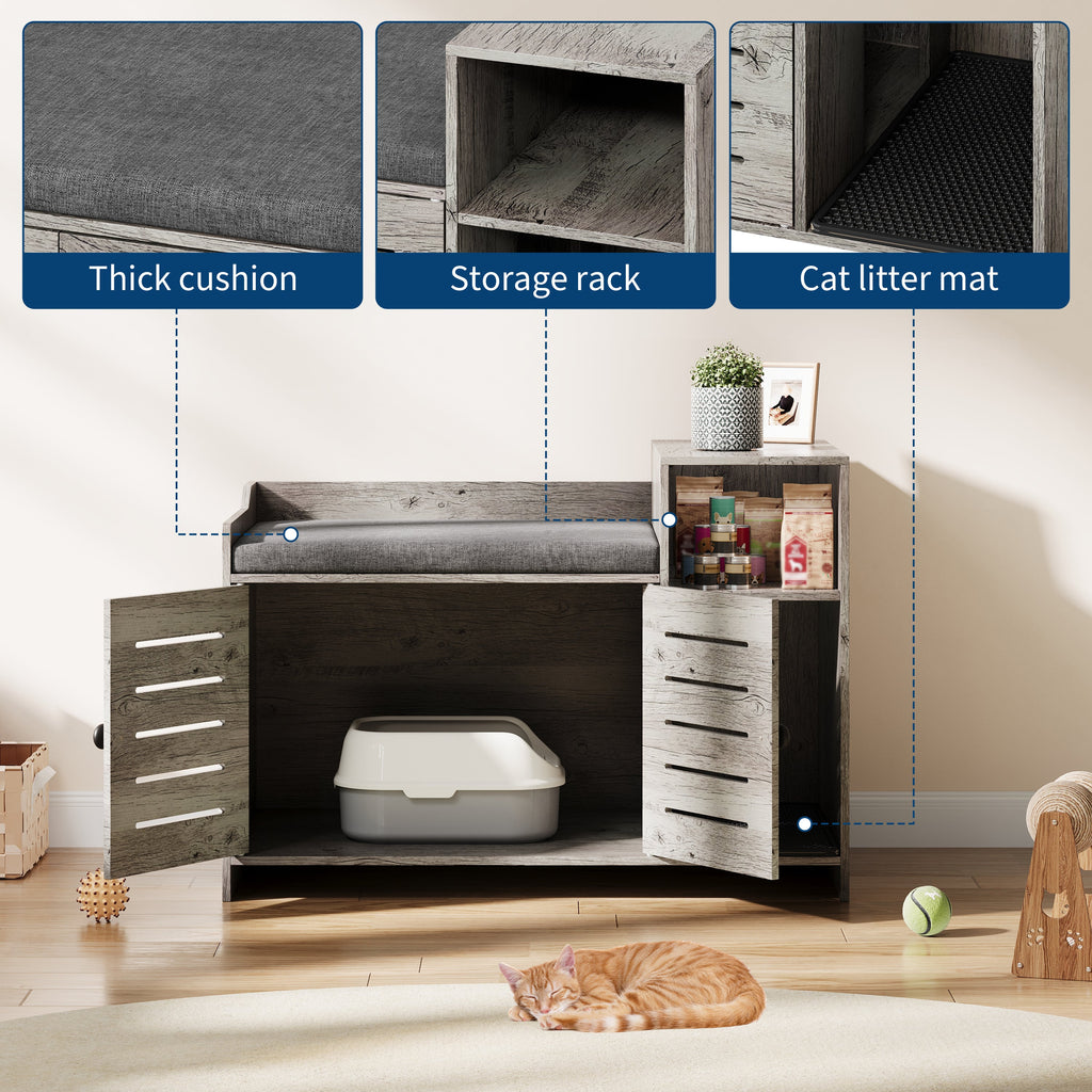 Garvee Cat Litter Box Enclosure, Hidden Litter Box Furniture with Litter Mat & Storage Shelf, Farmhouse Indoor Cat House Cabinet for Hallway, Bedroom, Gray