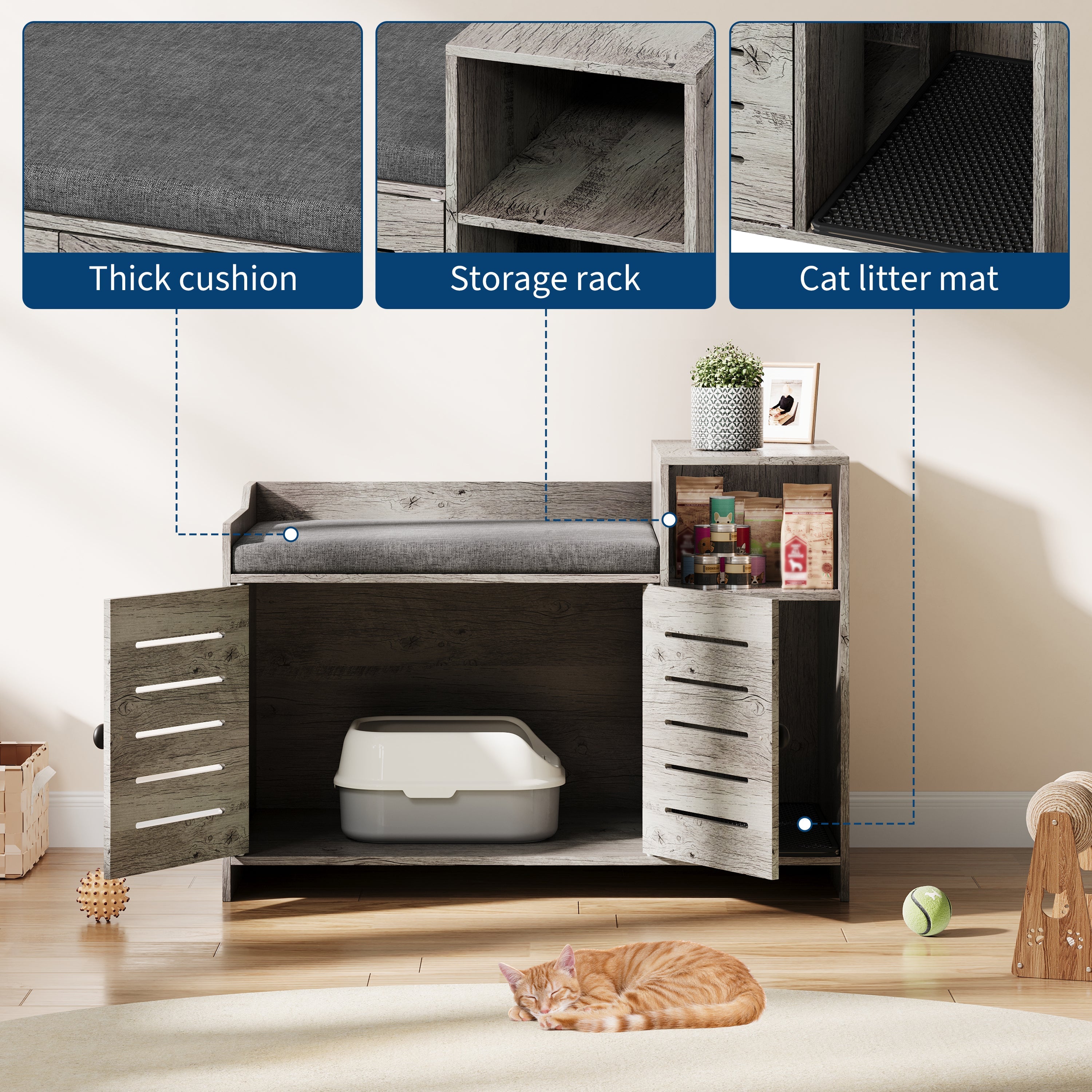 Garvee Cat Litter Box Enclosure, Hidden Litter Box Furniture with Litter Mat & Storage Shelf, Farmhouse Indoor Cat House Cabinet for Hallway, Bedroom, Gray