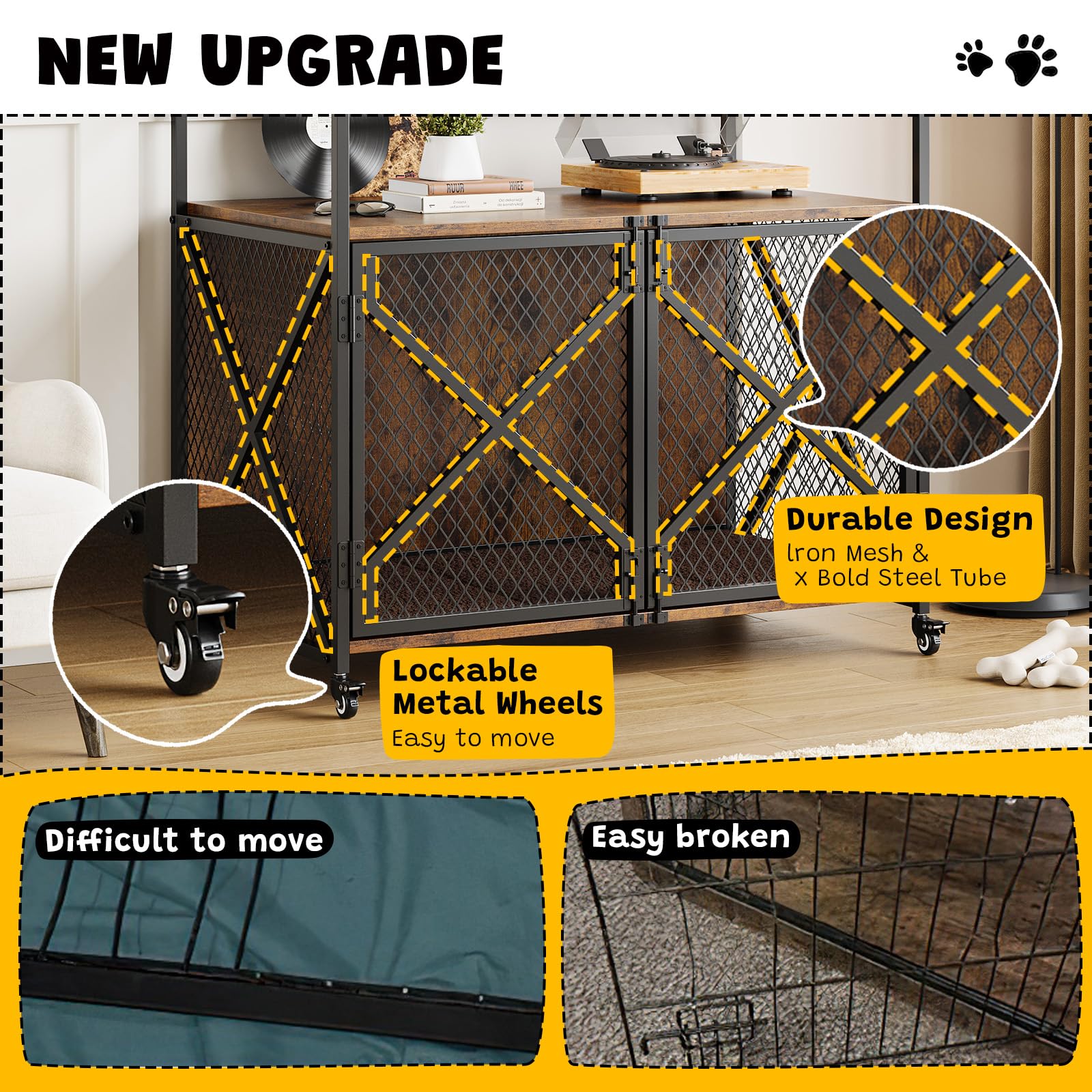 Garvee 41 Inch Dog Crate Furniture, Heavy Duty Dog Cage Furniture for Medium Dogs, Wooden Crates Indoor Kennels with Lockable 360° Wheels, Sturdy Dog Kennel Furniture Dog Crate with Divider