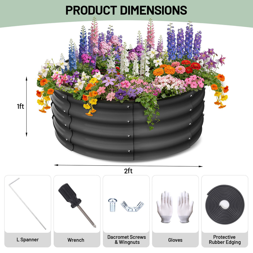 Garvee Round Galvanized Raised Garden Bed 2x2x1FT Heavy Duty Steel Open Bottom Anti-Rust Wave Shape Safe Corners Outdoor Gardening
