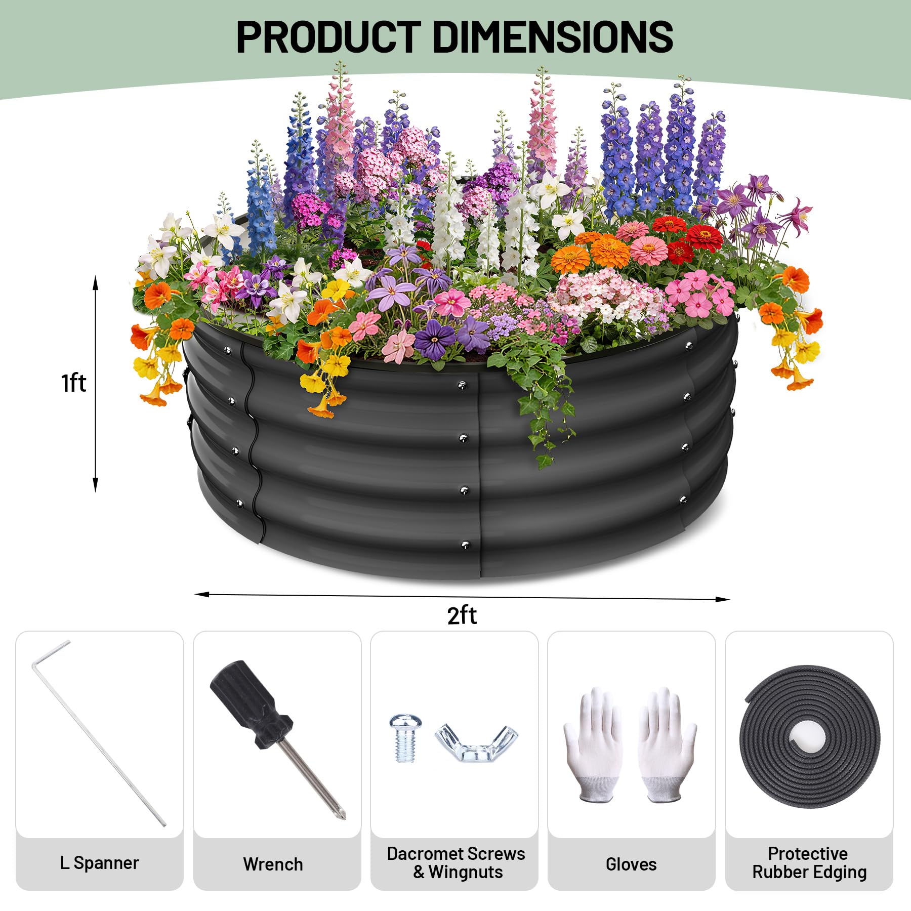 Garvee Round Galvanized Raised Garden Bed 2x2x1FT Heavy Duty Steel Open Bottom Anti-Rust Wave Shape Safe Corners Outdoor Gardening