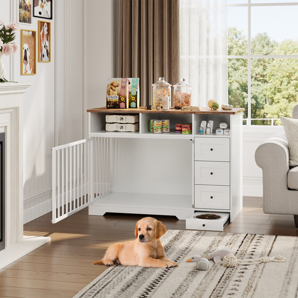 Garvee 48" Dog Crate Furniture with Bowls, Heavy Duty Dog Kennel End Table with 3 Storage Drawers, Locking Door, Farmhouse Style Pet Crate Cabinet for Medium Small Dogs, White