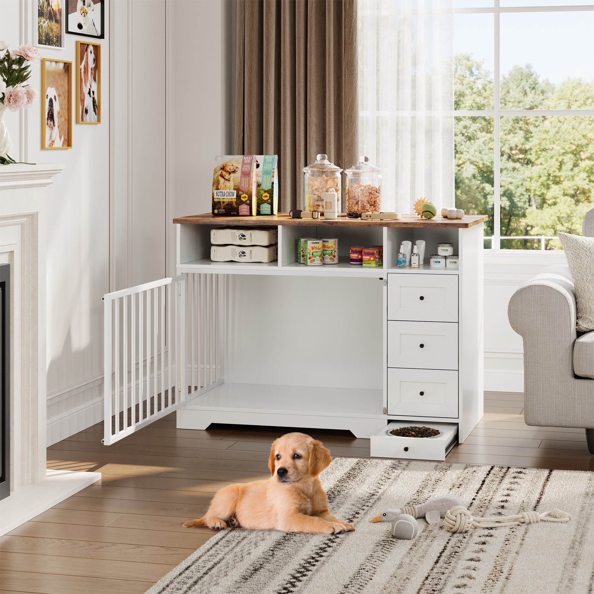 Garvee 48" Dog Crate Furniture with Bowls, Heavy Duty Dog Kennel End Table with 3 Storage Drawers, Locking Door, Farmhouse Style Pet Crate Cabinet for Medium Small Dogs, White