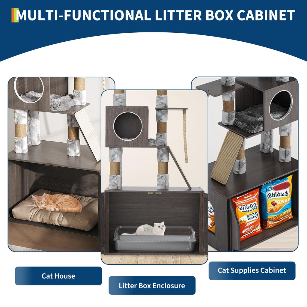 Garvee 66.9-Inch Cat Tree Tower with Litter Box Enclosure, Multi-Level Cat Furniture Featuring Hammock and Washable Cushions, Indoor Cat Tower for Play, Rest, and Privacy, Gray